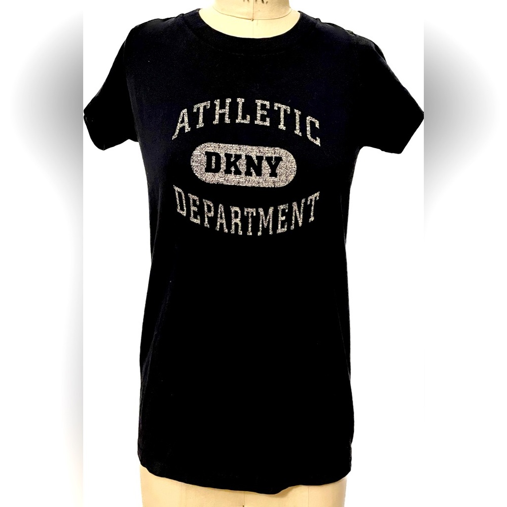 Navy blue women’s DKNY athletics t-shirt with white printing on navy cotton